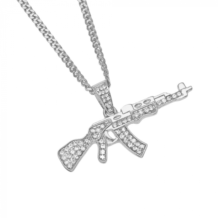 Lantisor cu pandantiv AK47, placat cu aur 18K, pietre zirconiu, argintiu [2]