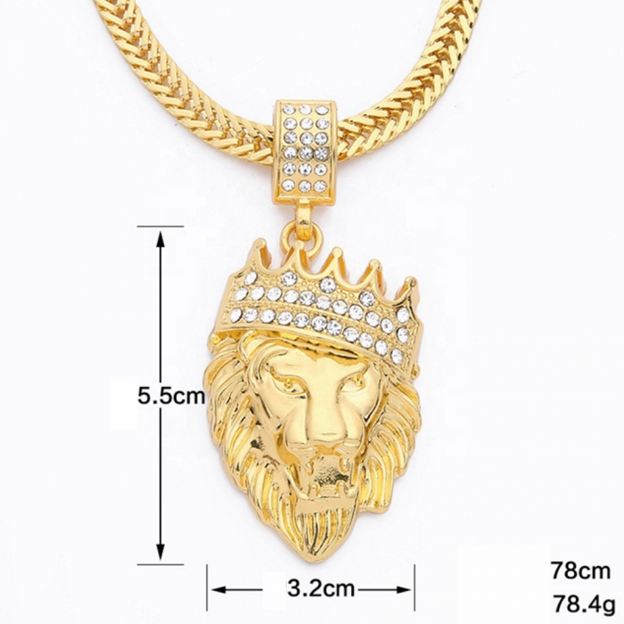 Lantisor cu pandantiv cap de leu, coroana cu pietre din zirconiu, placat cu aur 18K, auriu [3]
