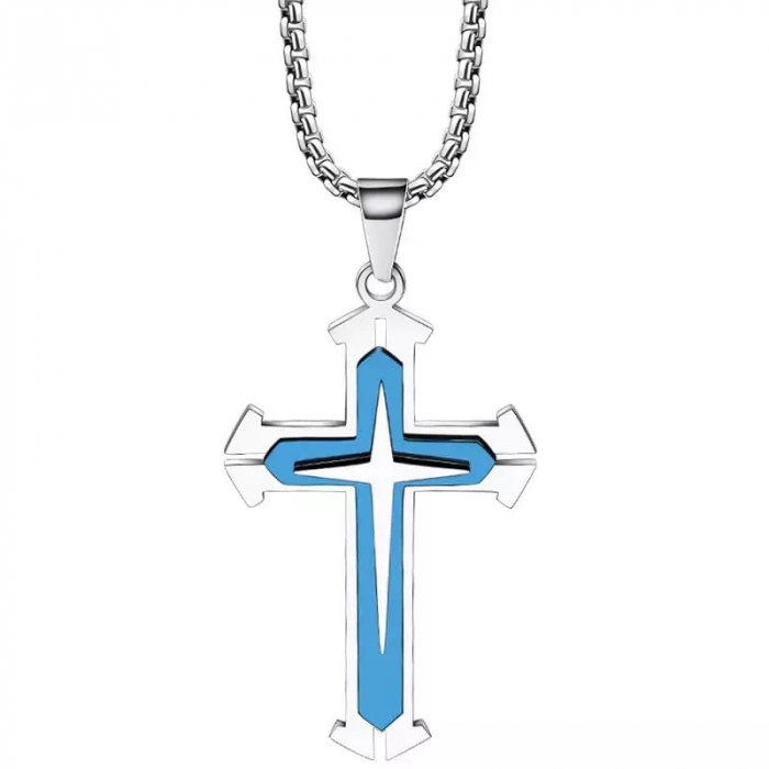Lantisor cu pandantiv in forma de cruce cu efect dublu, placat cu argint, unisex, Tessero, albastru [1]