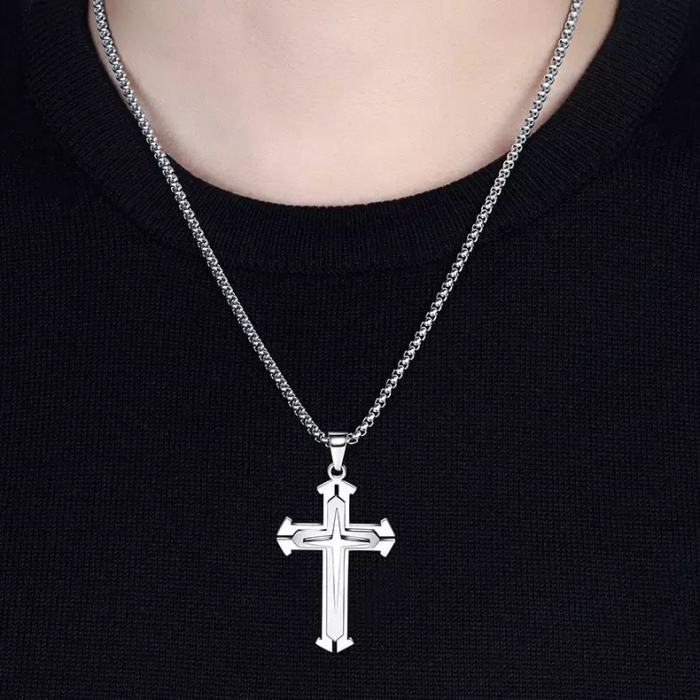 Lantisor cu pandantiv in forma de cruce cu efect dublu, placat cu argint, unisex, Tessero, argintiu [2]