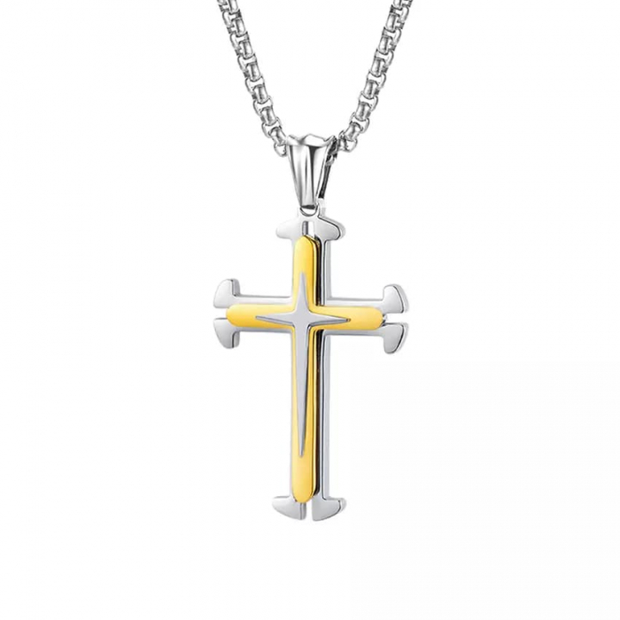 Lantisor cu pandantiv in forma de cruce cu efect dublu, placat cu argint, unisex, Tessero, auriu [1]