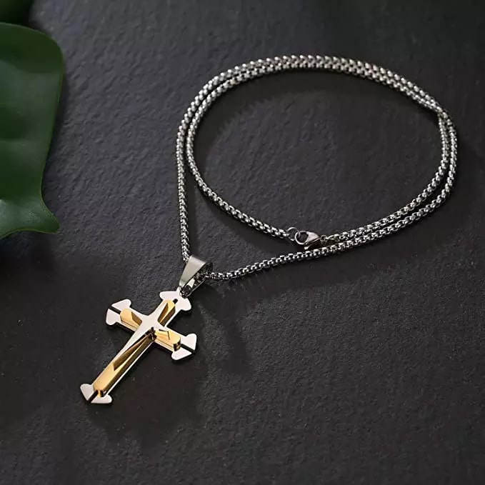 Lantisor cu pandantiv in forma de cruce cu efect dublu, placat cu argint, unisex, Tessero, auriu [2]