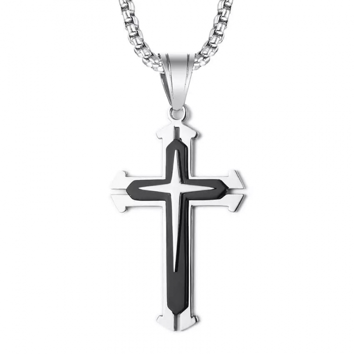 Lantisor cu pandantiv in forma de cruce cu efect dublu, placat cu argint, unisex, Tessero, negru [1]