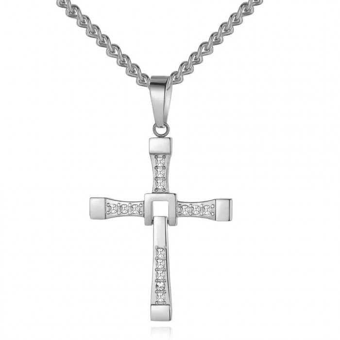 Lantisor cu pandantiv in forma de cruce cu incrucisare flexibila, model Fast and Furious, Dominic Torreto, placat cu aur 18K, otel inoxdabil, pietre zirconiu, Tessero, argintiu [1]