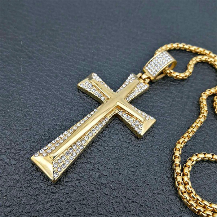 Lantisor cu pandantiv in forma de cruce din otel inoxidabil, placat cu aur 18K, pietre zirconiu alb, auriu [2]