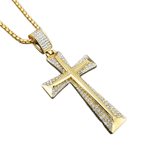 Lantisor cu pandantiv in forma de cruce din otel inoxidabil, placat cu aur 18K, pietre zirconiu alb, auriu [1]