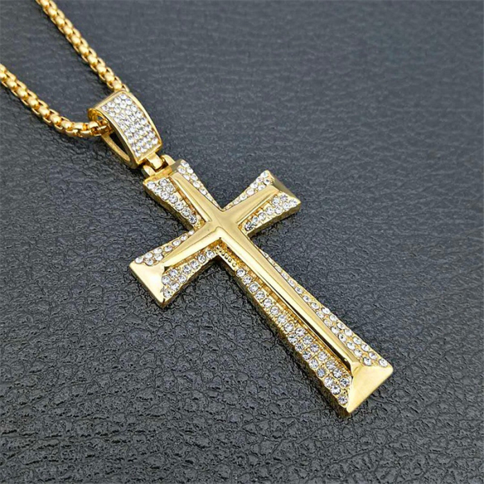 Lantisor cu pandantiv in forma de cruce din otel inoxidabil, placat cu aur 18K, pietre zirconiu alb, auriu [3]