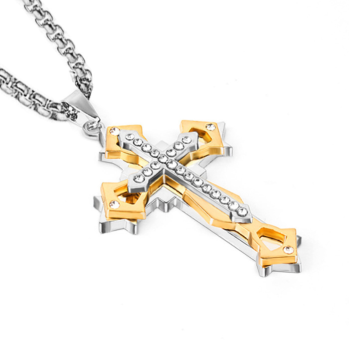 Lantisor cu pandantiv in forma de cruce, pietre zirconiu, placat cu aur 18K, Tessero, auriu si argintiu [1]