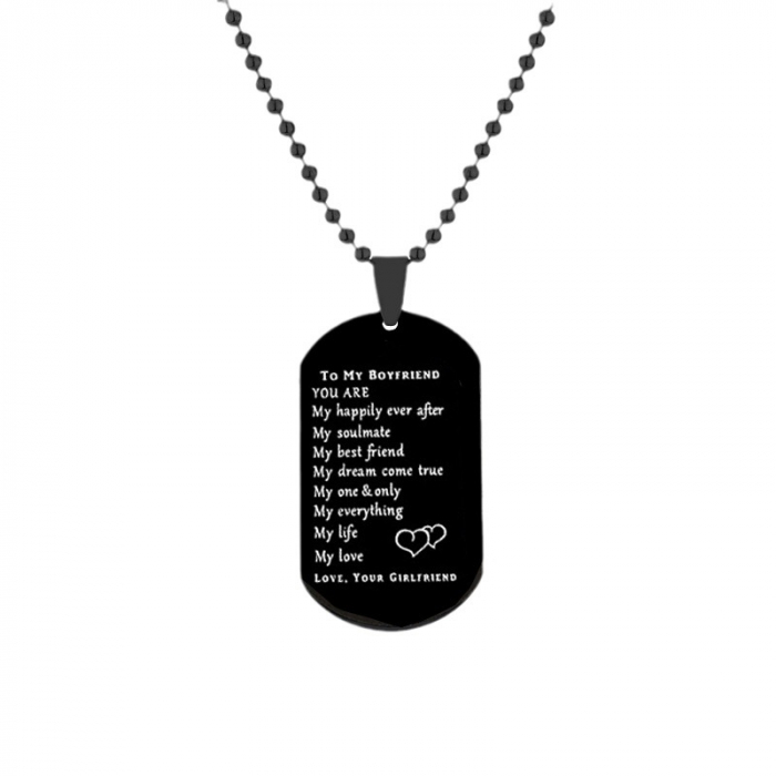 Lantisor cu pandantiv placuta army, dog tag pentru iubit cu text romantic gravat, mesaj dedicat, otel inoxidabil, Tessero, negru [1]