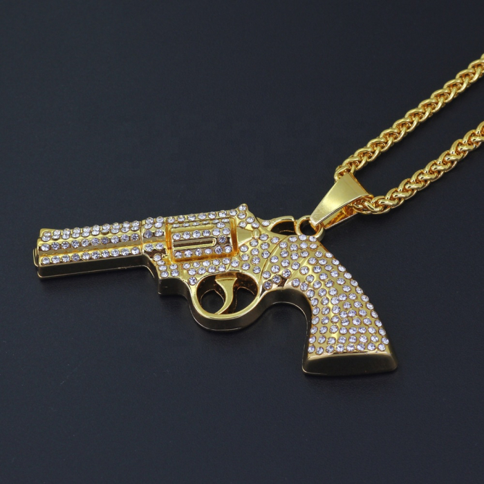 Lantisor cu pandantiv Revolver Hip Hop, insertii de zirconiu, placat cu aur 18K, auriu [3]