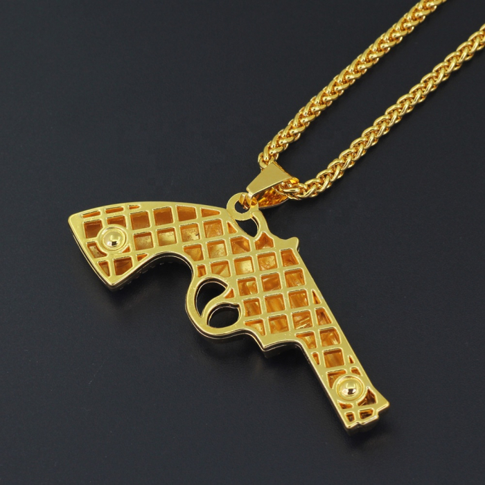 Lantisor cu pandantiv Revolver Hip Hop, insertii de zirconiu, placat cu aur 18K, auriu [2]