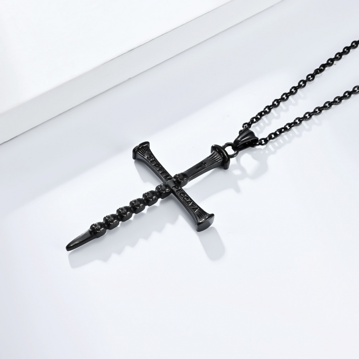 Lantisor cu pandantiv Septem peccata, model cruce, detalii in forma de cap de mort, otel inoxidabil, placat cu argint, Tessero, negru [1]