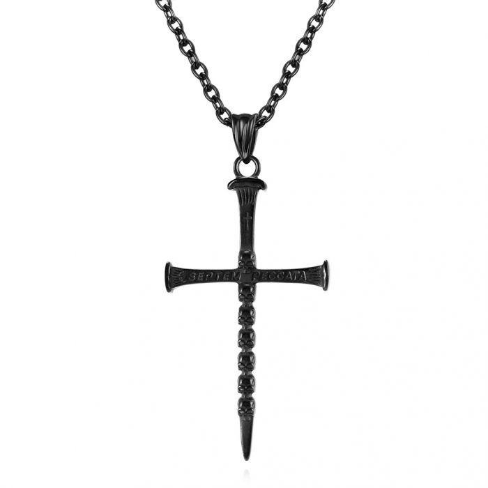 Lantisor cu pandantiv Septem peccata, model cruce, detalii in forma de cap de mort, otel inoxidabil, placat cu argint, Tessero, negru [2]