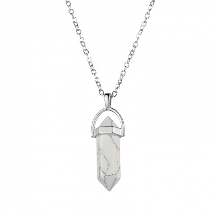 Lantisor cu pandantiv vindecator in forma de hexagon din piatra semipretioasa, cristal de ametist, unisex, alb [1]
