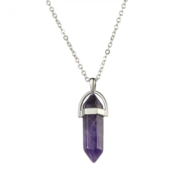Lantisor cu pandantiv vindecator in forma de hexagon din piatra semipretioasa, cristal de ametist, unisex, mov [1]