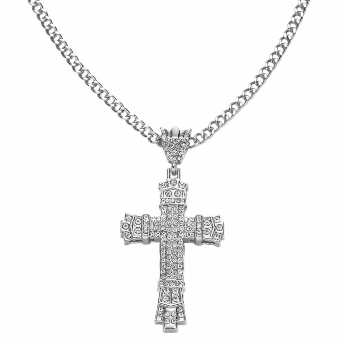 Lantisor Cuban Chain cu pandantiv Iced Out in forma cruce, model byzantine, pietre zirconiu, placat cu aur 18K, Tessero, argintiu [1]
