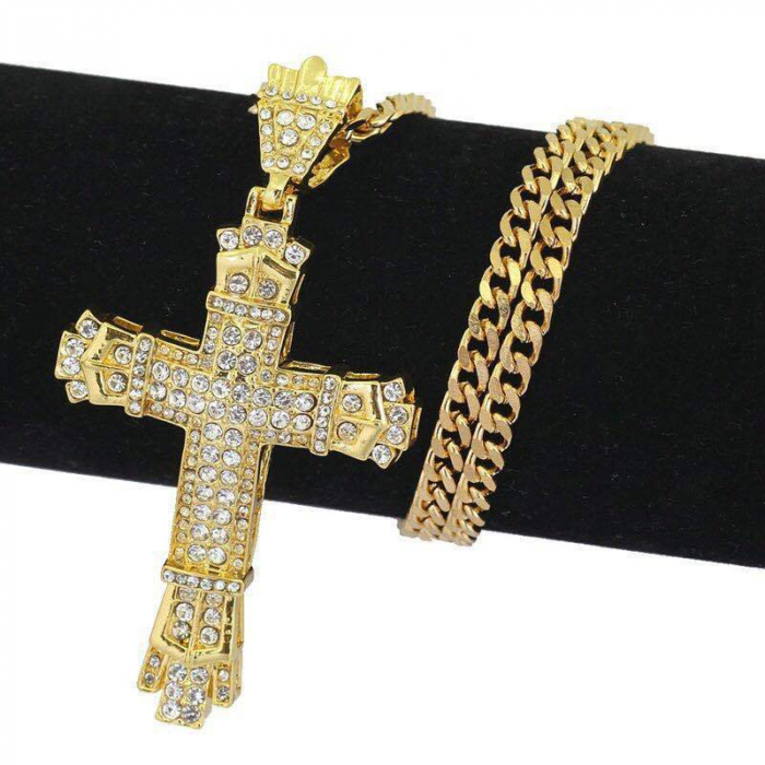 Lantisor Cuban Chain cu pandantiv Iced Out in forma cruce, model byzantine, pietre zirconiu, placat cu aur 18K, Tessero, auriu [2]