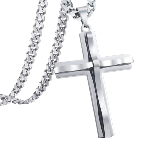 Lantisor Cuban Chain simplu cu pandantiv in forma de cruce iesita in relief, otel inoxidabil, placat cu aur 18k, Tessero, argintiu [2]