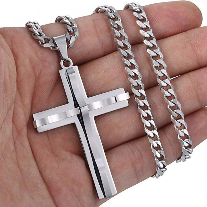 Lantisor Cuban Chain simplu cu pandantiv in forma de cruce iesita in relief, otel inoxidabil, placat cu aur 18k, Tessero, argintiu [1]