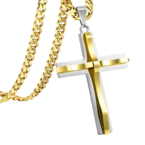Lantisor Cuban Chain simplu cu pandantiv in forma de cruce iesita in relief, otel inoxidabil, placat cu aur 18k, Tessero, auriu [2]