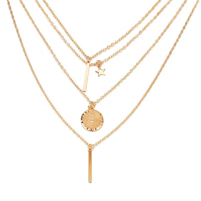Lantisor de dama cu 4 straturi, diferite modele geometrice, model steluta, placat cu aur 14K, Tessero, auriu [2]