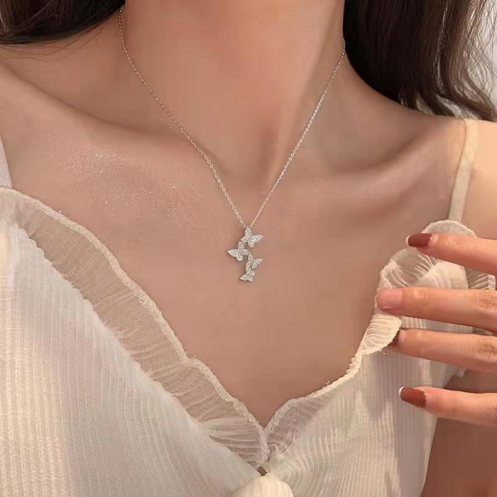 Lantisor de dama cu model in forma de fluturi, pietre zirconiu, placat cu argint, Tessero, argintiu [3]