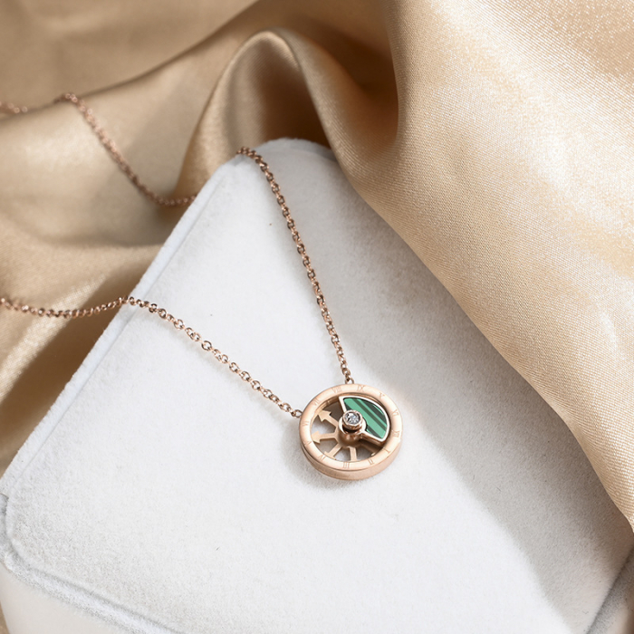 Lantisor de dama cu pandantiv din piatra semipretioasa, malachit, fidget rotativ, model cu cifre romane, placat cu aur 18K, otel inoxidabil, rose gold [2]