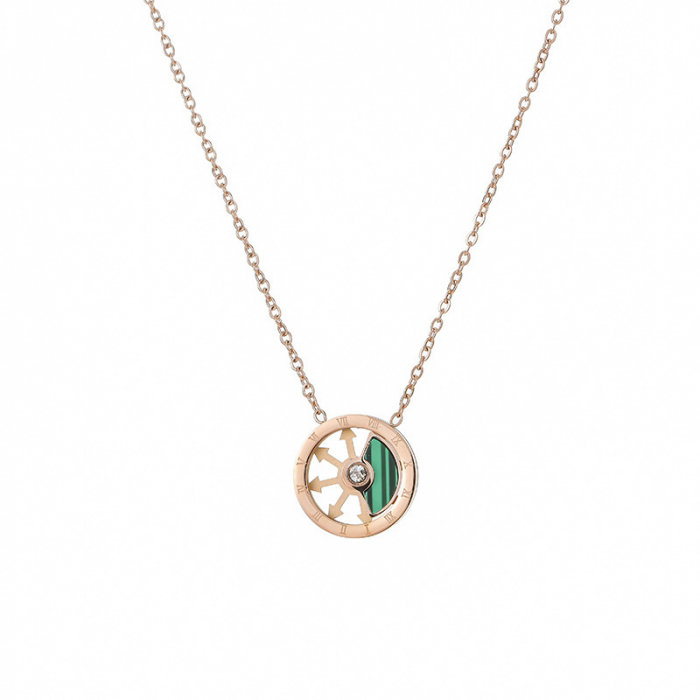 Lantisor de dama cu pandantiv din piatra semipretioasa, malachit, fidget rotativ, model cu cifre romane, placat cu aur 18K, otel inoxidabil, rose gold [1]