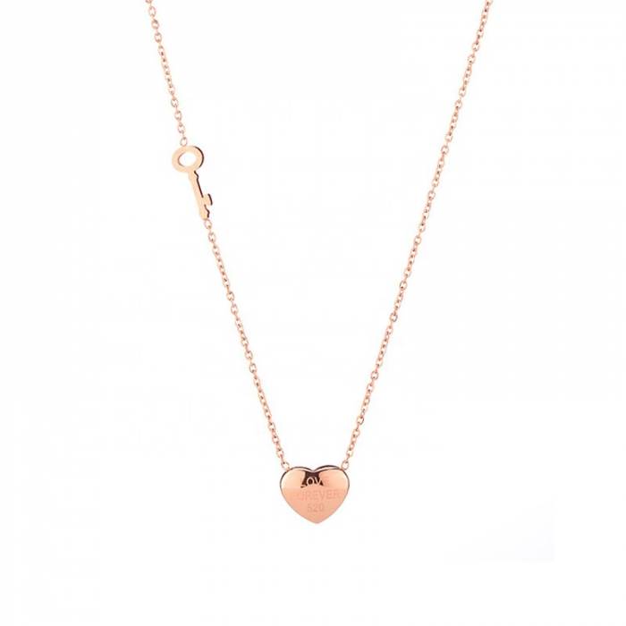 Lantisor de dama cu pandantiv inima si cheita "Love forever", otel inoxidabil, placat cu aur, rose gold [1]