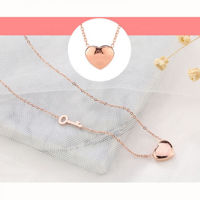 Lantisor de dama cu pandantiv inima si cheita "Love forever", otel inoxidabil, placat cu aur, rose gold [3]