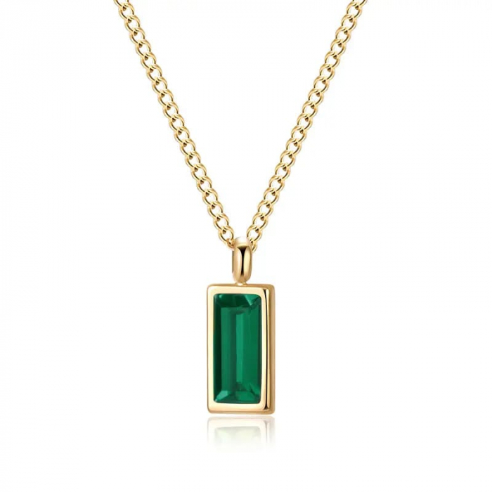 Lantisor de dama finut, model cu piatra zirconiu dreptunghiulara cu efect de cristal Sapphire, otel inoxidabil placat cu aur 18K, Tessero, auriu si verde [1]