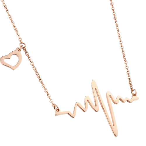 Lantisor de dama, model electrocardiograma, inimioara cu puls, otel inoxidabil, 45 cm, rose gold [1]