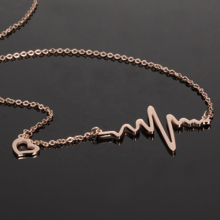 Lantisor de dama, model electrocardiograma, inimioara cu puls, otel inoxidabil, 45 cm, rose gold [2]