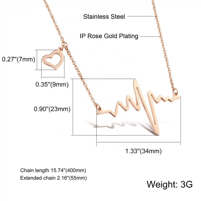 Lantisor de dama, model electrocardiograma, inimioara cu puls, otel inoxidabil, 45 cm, rose gold [3]