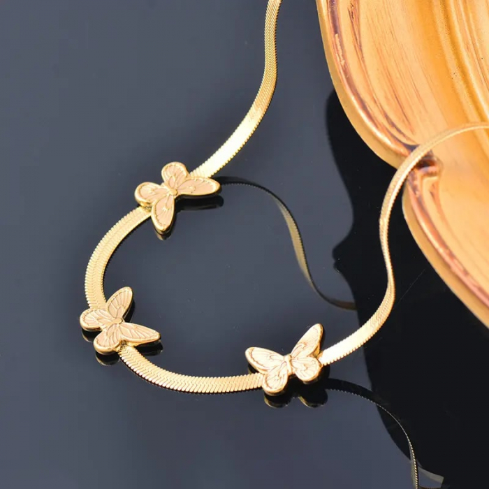 Lantisor de dama model tip Snake cu charm-uri in forma de fluturi, otel inoxdabil, placat cu aur 18K, auriu, Tessero [3]