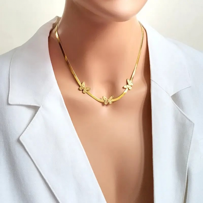 Lantisor de dama model tip Snake cu charm-uri in forma de fluturi, otel inoxdabil, placat cu aur 18K, auriu, Tessero [4]
