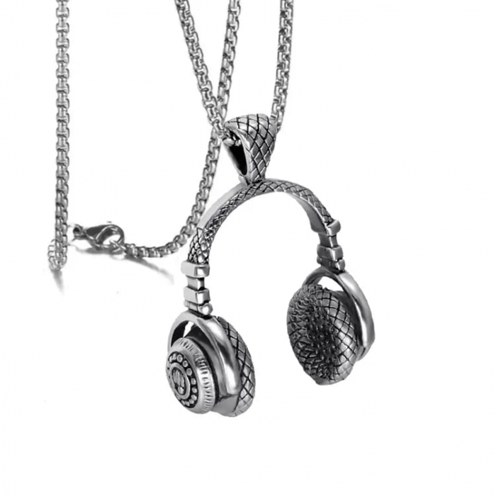 Lantisor de gat design cubic cu pandantiv in forma de casti audio, otel inoxidabil, placat cu argint, Tessero, argintiu [4]