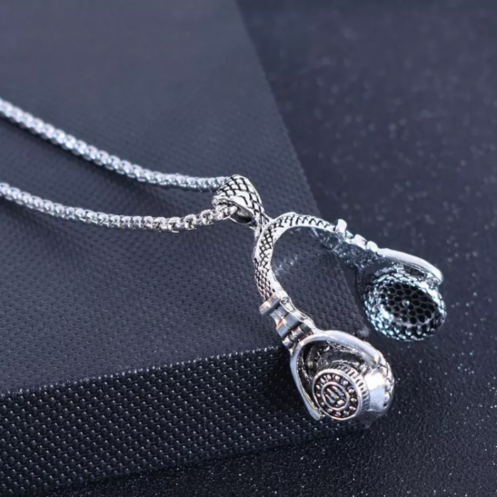 Lantisor de gat design cubic cu pandantiv in forma de casti audio, otel inoxidabil, placat cu argint, Tessero, argintiu [3]