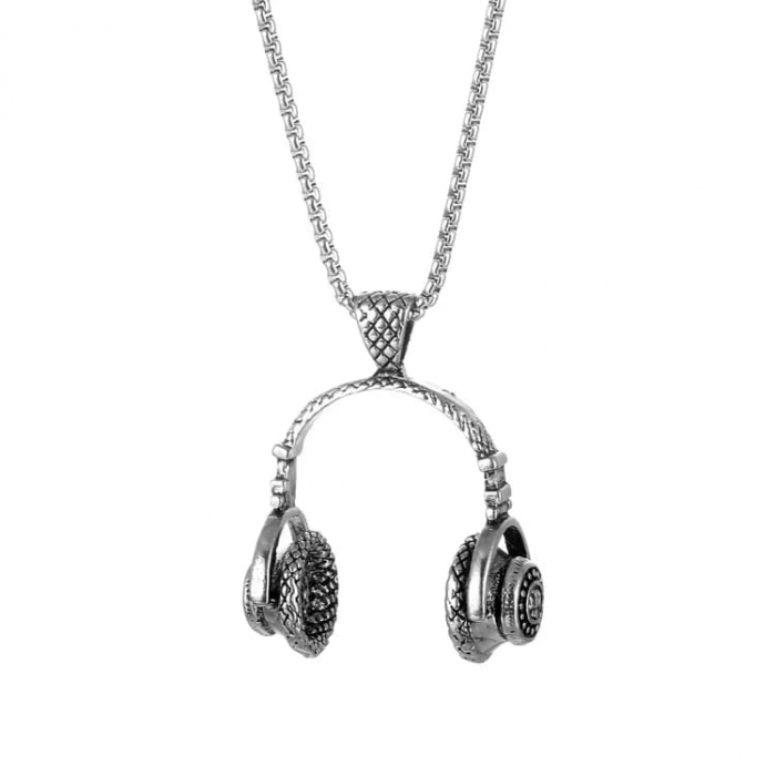 Lantisor de gat design cubic cu pandantiv in forma de casti audio, otel inoxidabil, placat cu argint, Tessero, argintiu [1]