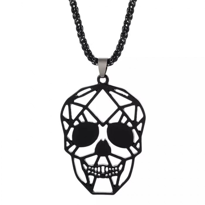 Lantisor design cubic cu pandantiv in forma de cap de mort geometric, otel inoxdabil, Tessero, negru [1]