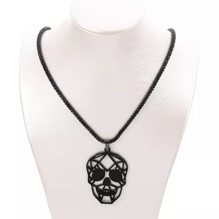 Lantisor design cubic cu pandantiv in forma de cap de mort geometric, otel inoxdabil, Tessero, negru [2]