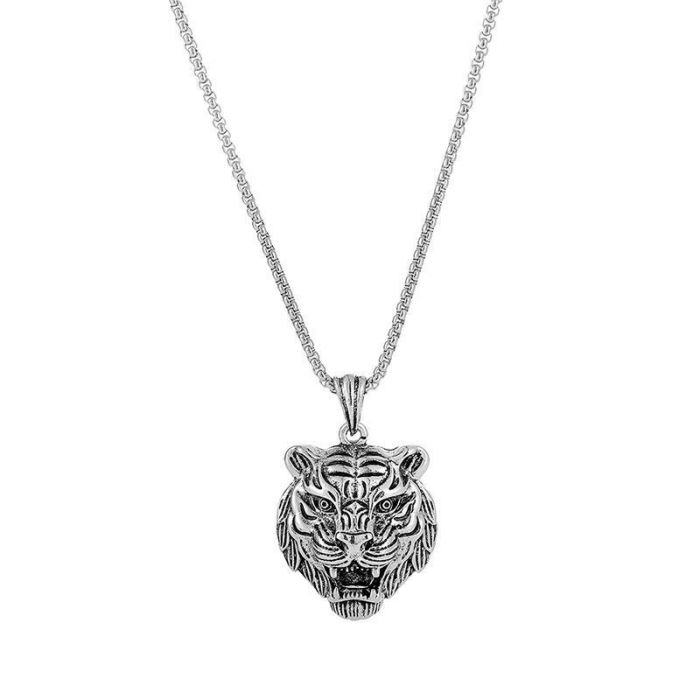 Lantisor design cubic cu pandantiv in forma de cap de tigru, placat cu argint, Tessero, 65 cm, argintiu [2]