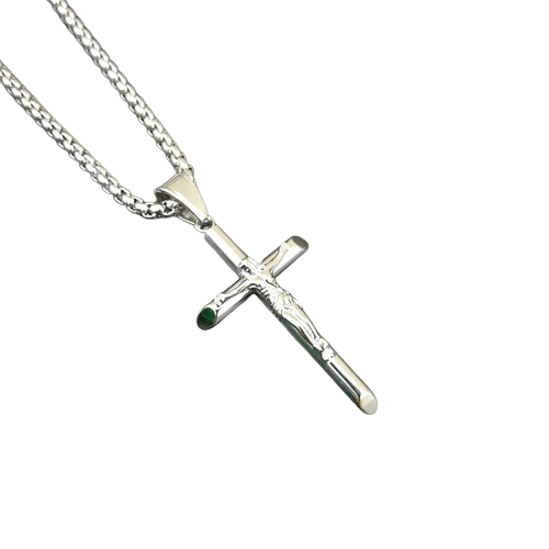 Lantisor design cubic cu pandantiv in forma de cruce cu Iisus Hristos, otel inoxidabil, placat cu aur 24K, argintiu [3]