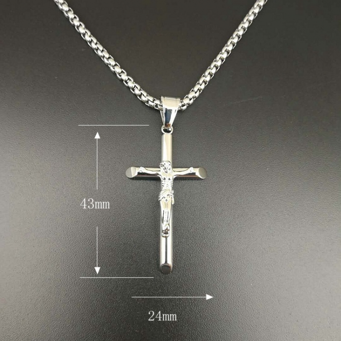 Lantisor design cubic cu pandantiv in forma de cruce cu Iisus Hristos, otel inoxidabil, placat cu aur 24K, argintiu [1]