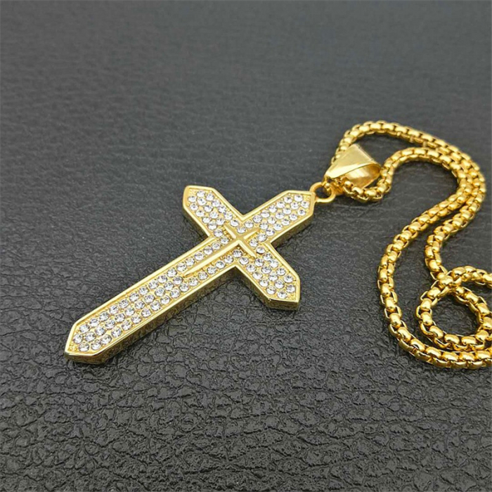 Lantisor design cubic cu pandantiv in forma de cruce, placat cu aur 18K, pietre zirconiu, otel inoxidabil, auriu [2]