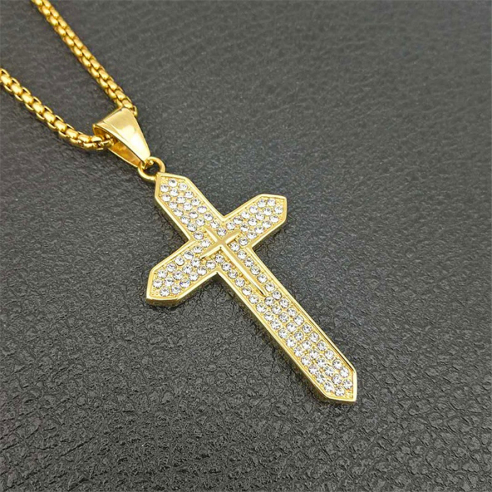 Lantisor design cubic cu pandantiv in forma de cruce, placat cu aur 18K, pietre zirconiu, otel inoxidabil, auriu [4]