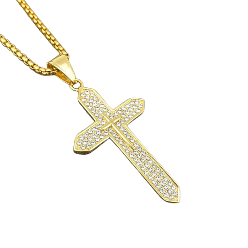 Lantisor design cubic cu pandantiv in forma de cruce, placat cu aur 18K, pietre zirconiu, otel inoxidabil, auriu [1]