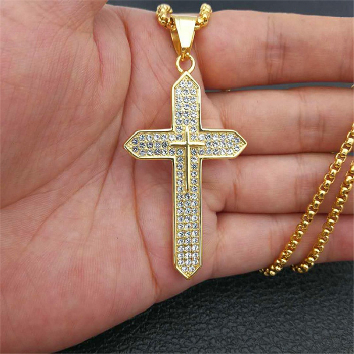Lantisor design cubic cu pandantiv in forma de cruce, placat cu aur 18K, pietre zirconiu, otel inoxidabil, auriu [3]