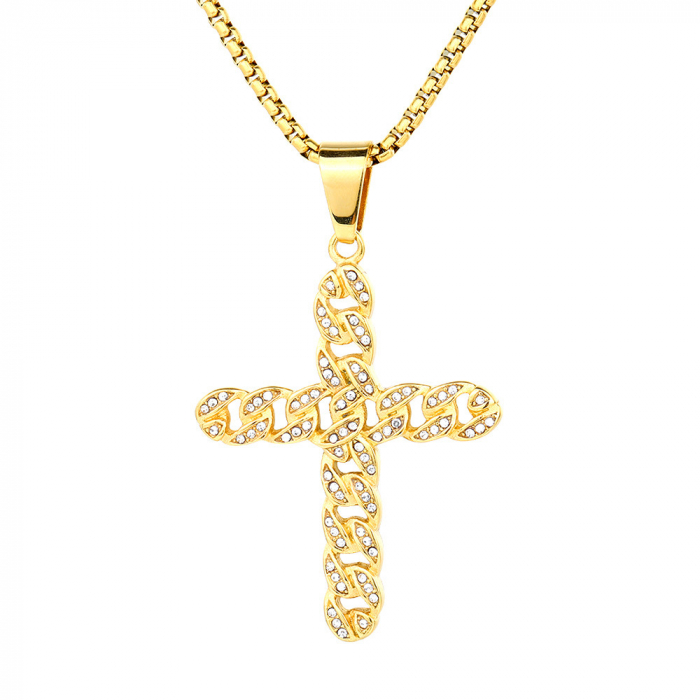 Lantisor design cubic cu pandantiv in forma de cruce realizata din lant Cuban Chain, pietre zirconiu, otel inoxidabil, placat cu aur 18k, Tessero, auriu [1]