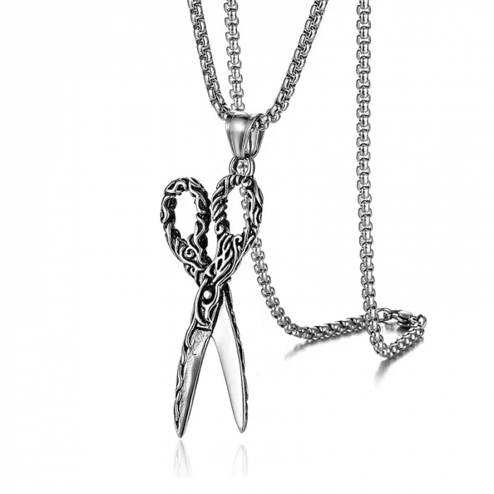 Lantisor design cubic cu pandantiv in forma de foarfeca de tuns, placat cu argint, unisex, Tessero, argintiu [4]